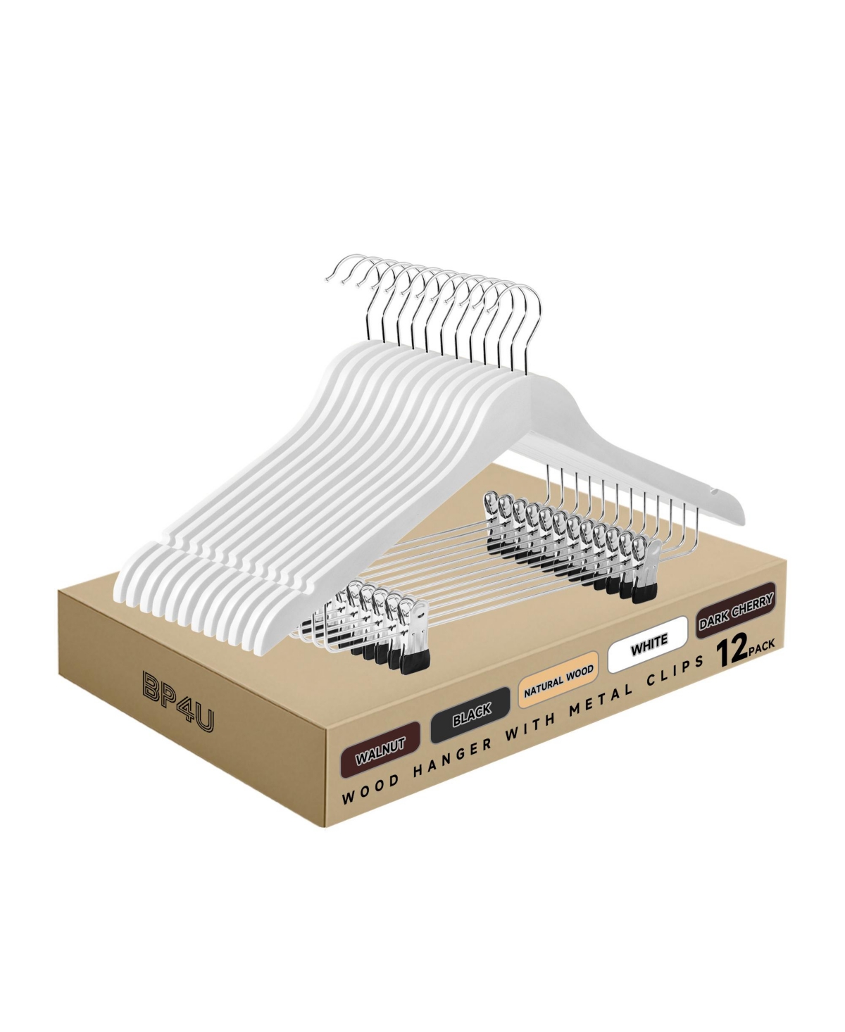 BP4U Premium Wooden Clothes Hangers with Swivel Hook – Solid Wood Skirt/Pant Hangers with Clips for Suits and Coats - White