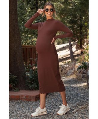 Maternity Brown Ruffle Mock Neck Long Sleeve Midi Dress