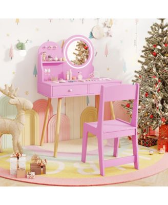 Kids Vanity Set with Lighted Mirror Princess Makeup Dressing Desk & Chair