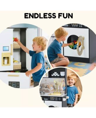 Pretend Play Kitchen Wooden Toy Set for Kids with Sounds, Utensils, Oven & Microwave, Gift for Age 3+