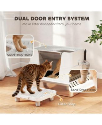 Modern Stainless Steel Litter Box Cabinet: Seamless Top/Side Dual Entry for Cats in Light Gray