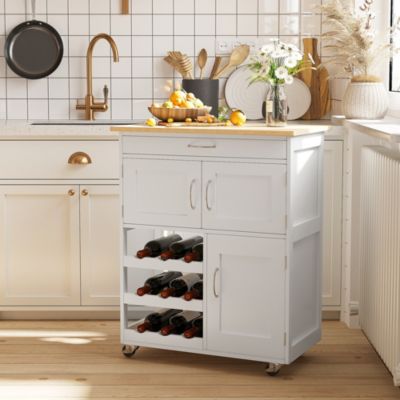 Rolling Portable Small Kitchen Island Cart on Wheels with Solid Wood Top, Carts Mobile Movable with 3 Drawers and Storage Shelves Cabinet