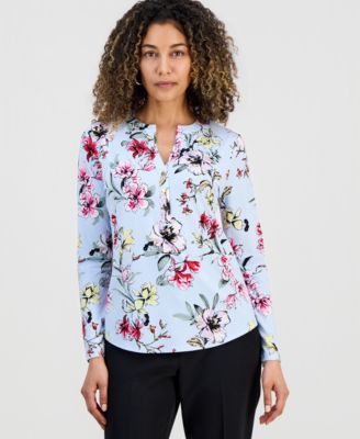 Petite Floral-Print Henley Top