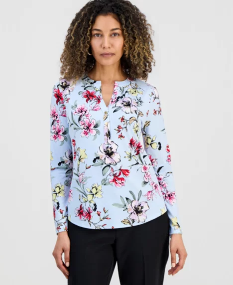 Petite Floral-Print Henley Top - Dara Bloom