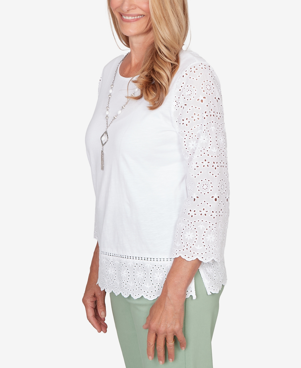 Alfred Dunner Petite St. Augustine Solid Eyelet Trim Top with Necklace