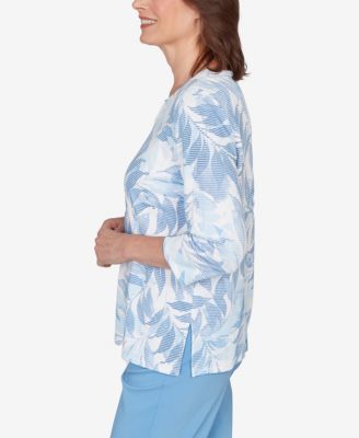 Petite St. Augustine Monotone Leaf Print Split Neck Top