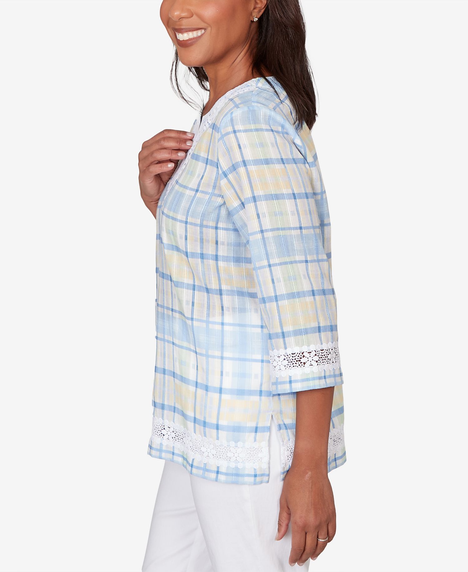 Petite Classic Plaid Embellished Lace Top