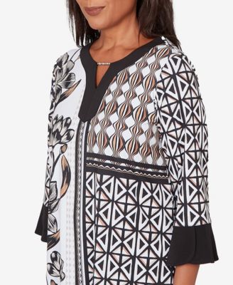 Petite Classic Floral Geo Patchwork Split Neck Top