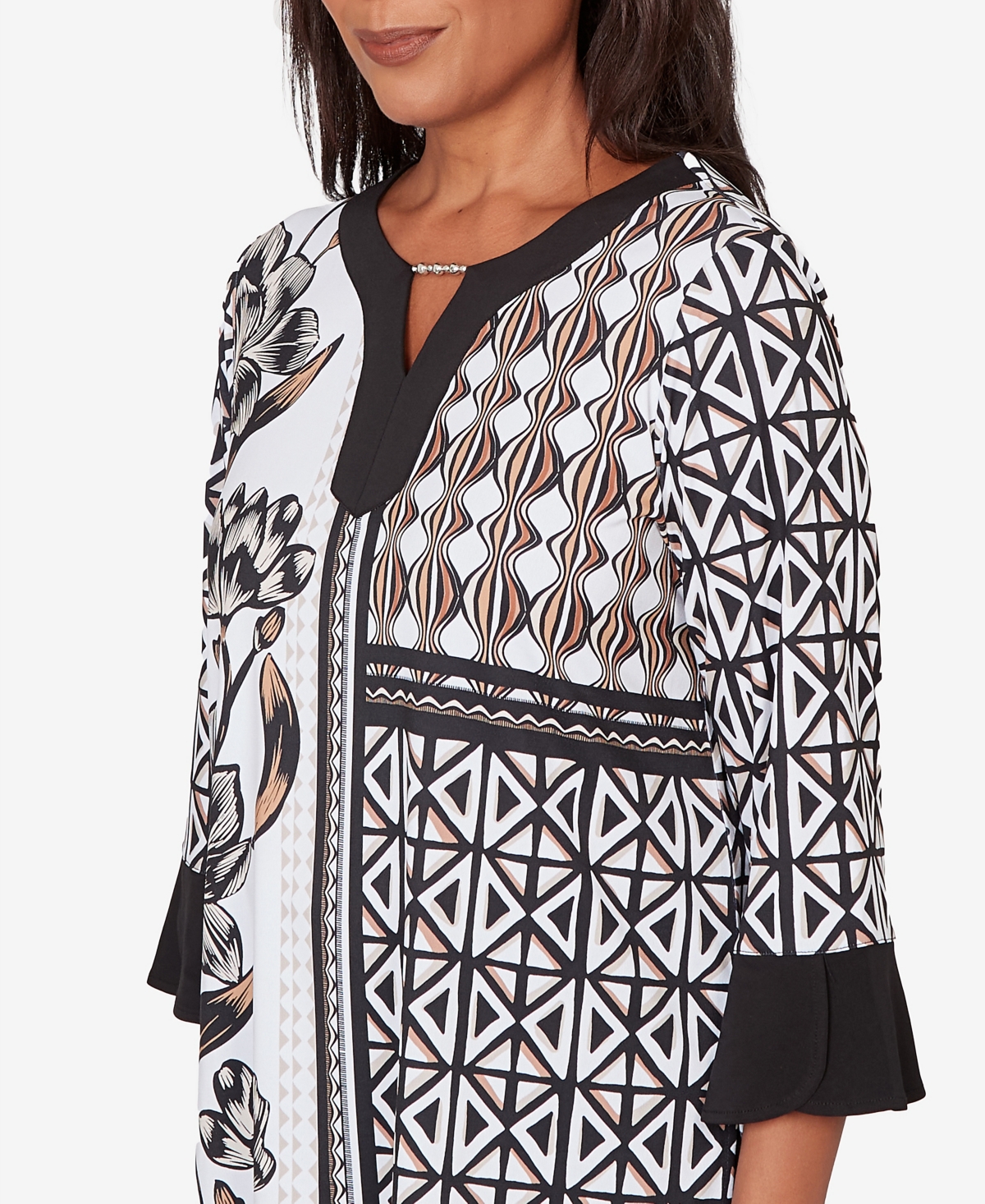 Alfred Dunner Petite Classic Floral Geo Patchwork Split Neck Top