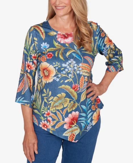 Petite Classic Floral Print Pointed Hem Top with Necklace - Denim
