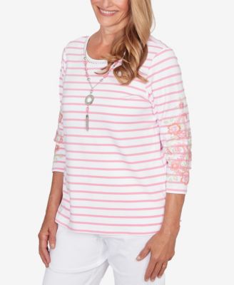 Petite Classic Stripe Embroidered Sleeve Top with Necklace