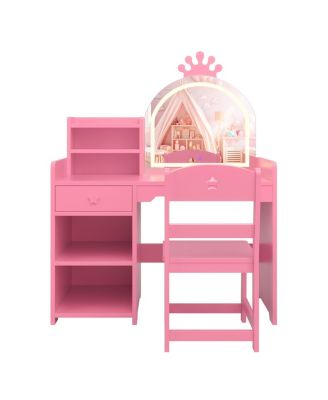 "Kids Vanity Table & Chair Set with Mirror, Lights, Drawer & Shelves – White Wooden Makeup Desk for Little Girls Bedroom"