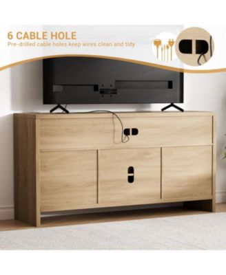 58" Boho TV Stand for 65" TVs, Rattan Entertainment Center with Adjustable Shelves, Oak