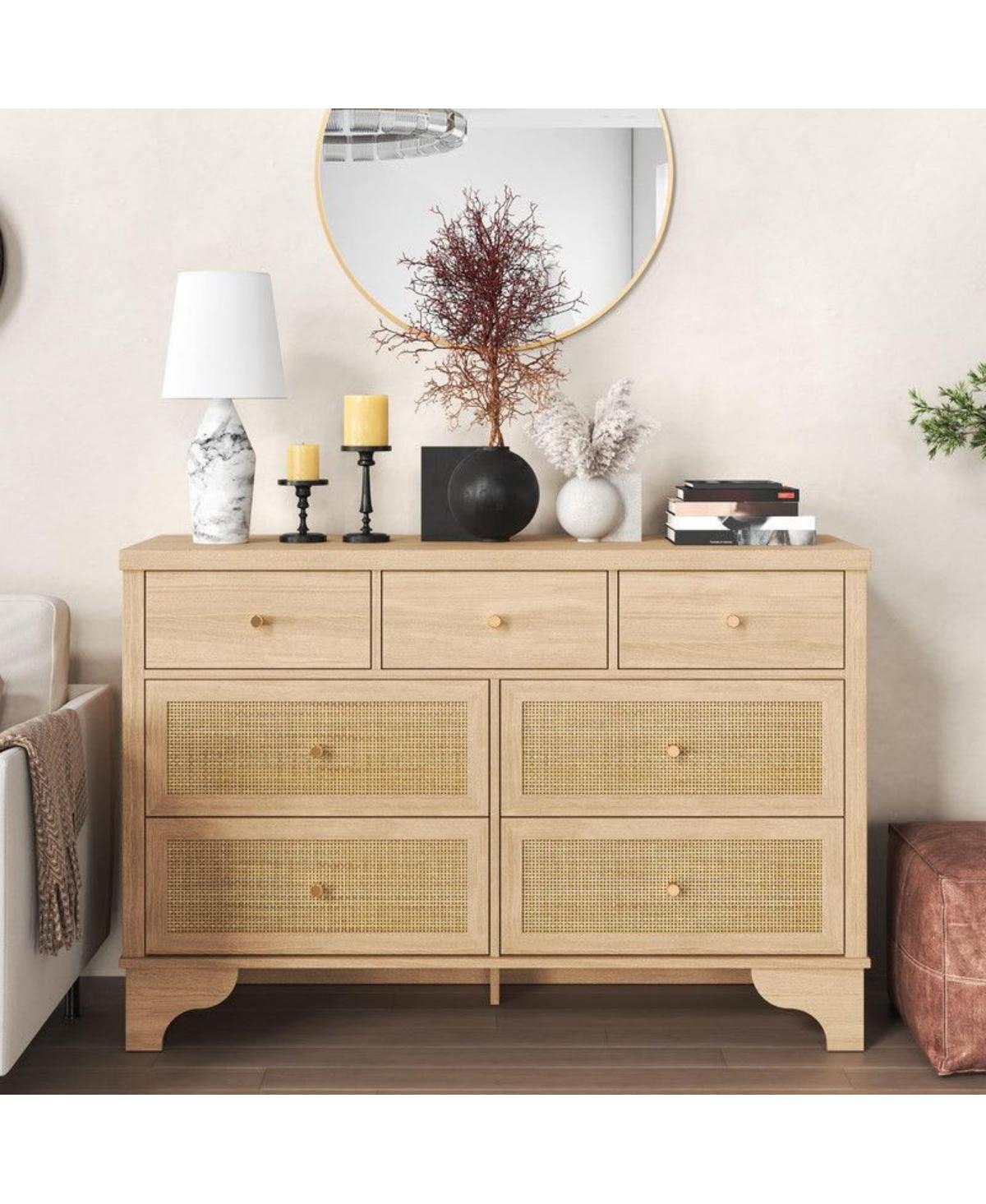 gaomon 7-Drawer Modern Dresser for Bedroom, Wood Chest with Natural Rattan Fronts, Sturdy Base, Organizer for Living Room, Entryway
