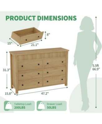 6-Drawer Farmhouse Dresser Bedroom Wooden Chest of Drawers, Fluted TV Stand Storage Cabinet for Living Room, Hallway, Office, Natural