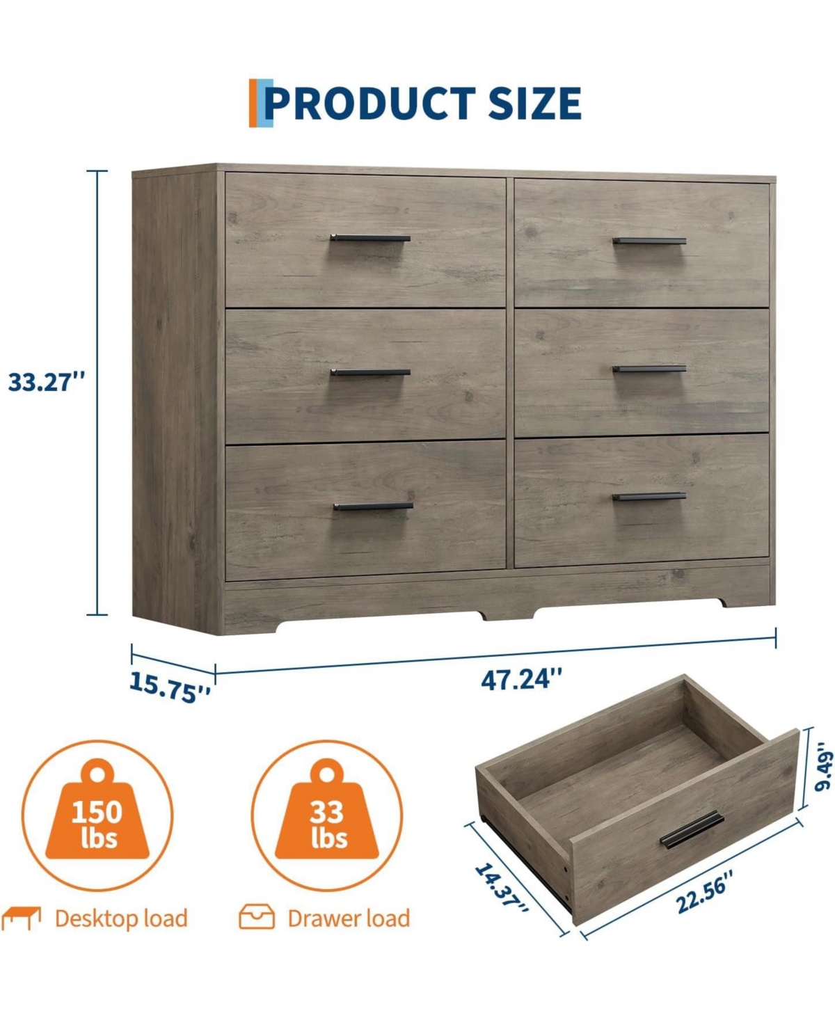 gaomon 6-Drawer Double Dresser 47" Wide, Modern Dresser Tv Stand, Storage Cabinet for Bedroom, Living Room, Hallway