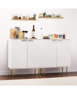 White Storage Cabinet with 2 Doors, Diamond Pattern, Gold Handles, Adjustable Shelves, Modern Living Room Organizer