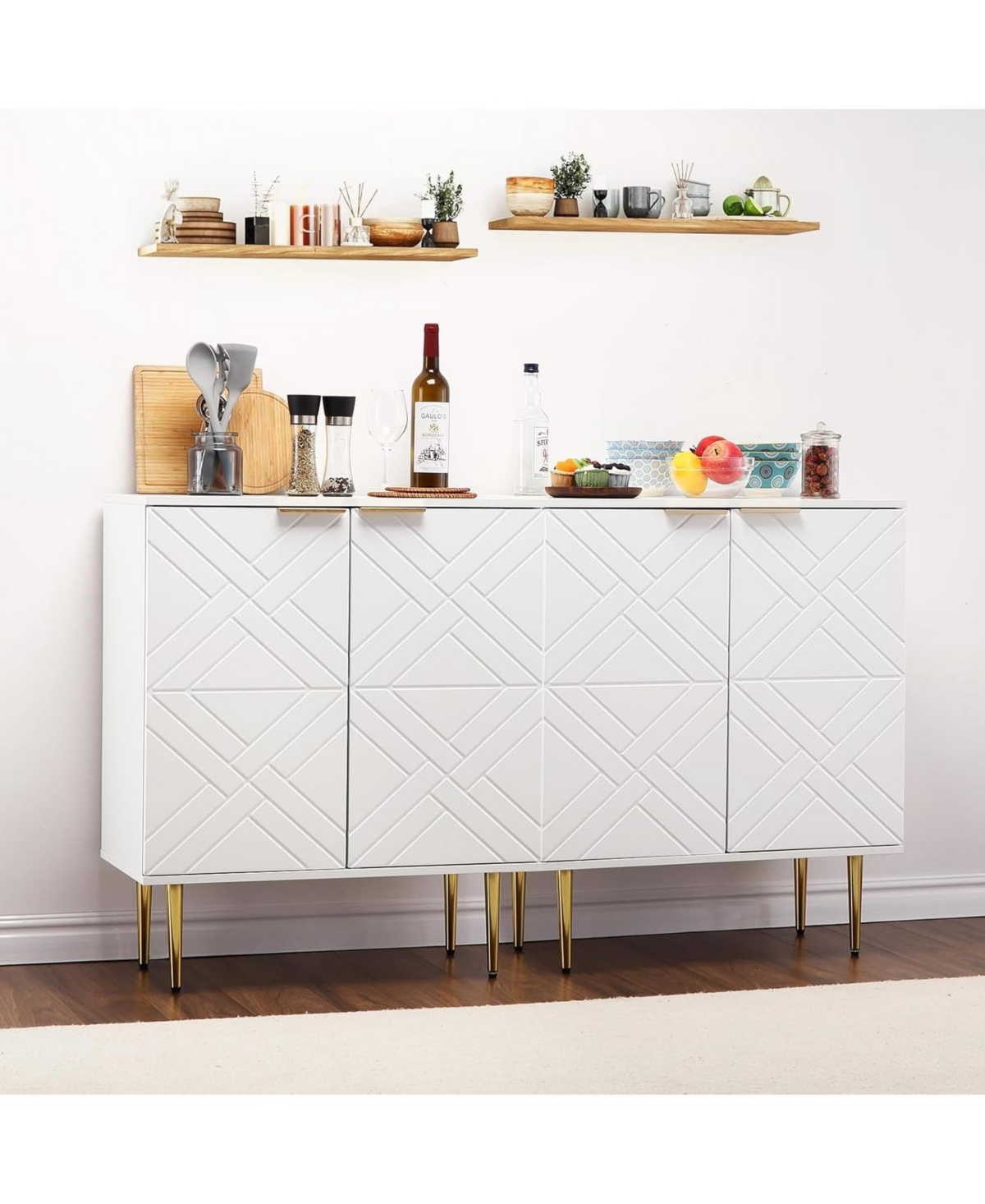 gaomon White Storage Cabinet with 2 Doors, Diamond Pattern, Gold Handles, Adjustable Shelves, Modern Living Room Organizer