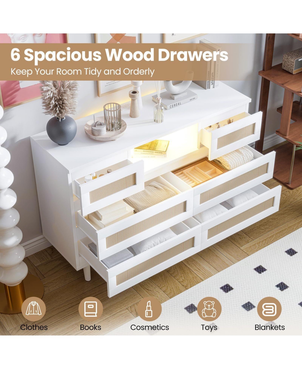 gaomon Natural Rattan Dresser for Bedroom, Led Light and Charging Station, Modern Chest Organizer