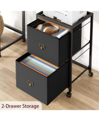 Large Double Drawer Compact Mobile Filing Cabinet, Stylish Fabric Storage Solution, Legs & Wheels, Bedroom, Black