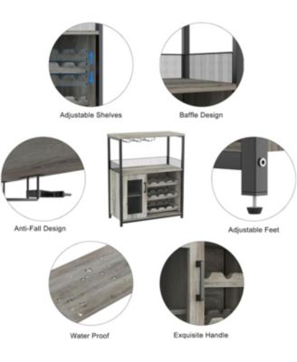 Farmhouse Wine Bar Cabinet with Detachable Wine Rack, Glass Holder, Mesh Door, Adjustable Feet, Living Room, Gray