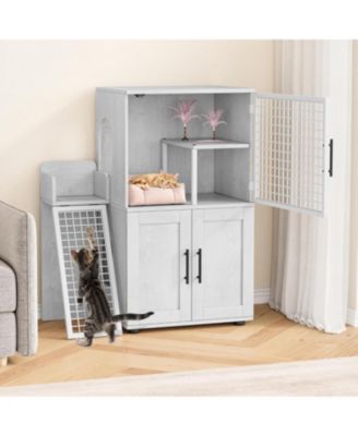 Modern Cat Litter Box Enclosure, Dual Layer Hidden Washroom, Sturdy Ladder, Indoor Cat Cabinet, White