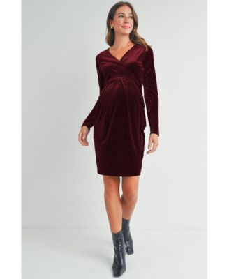Maternity Long Sleeve Velvet V Neck Wrap Dress