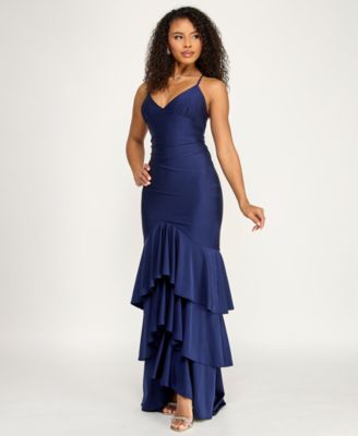 Juniors' V-Neck Tiered Tie-Back Gown