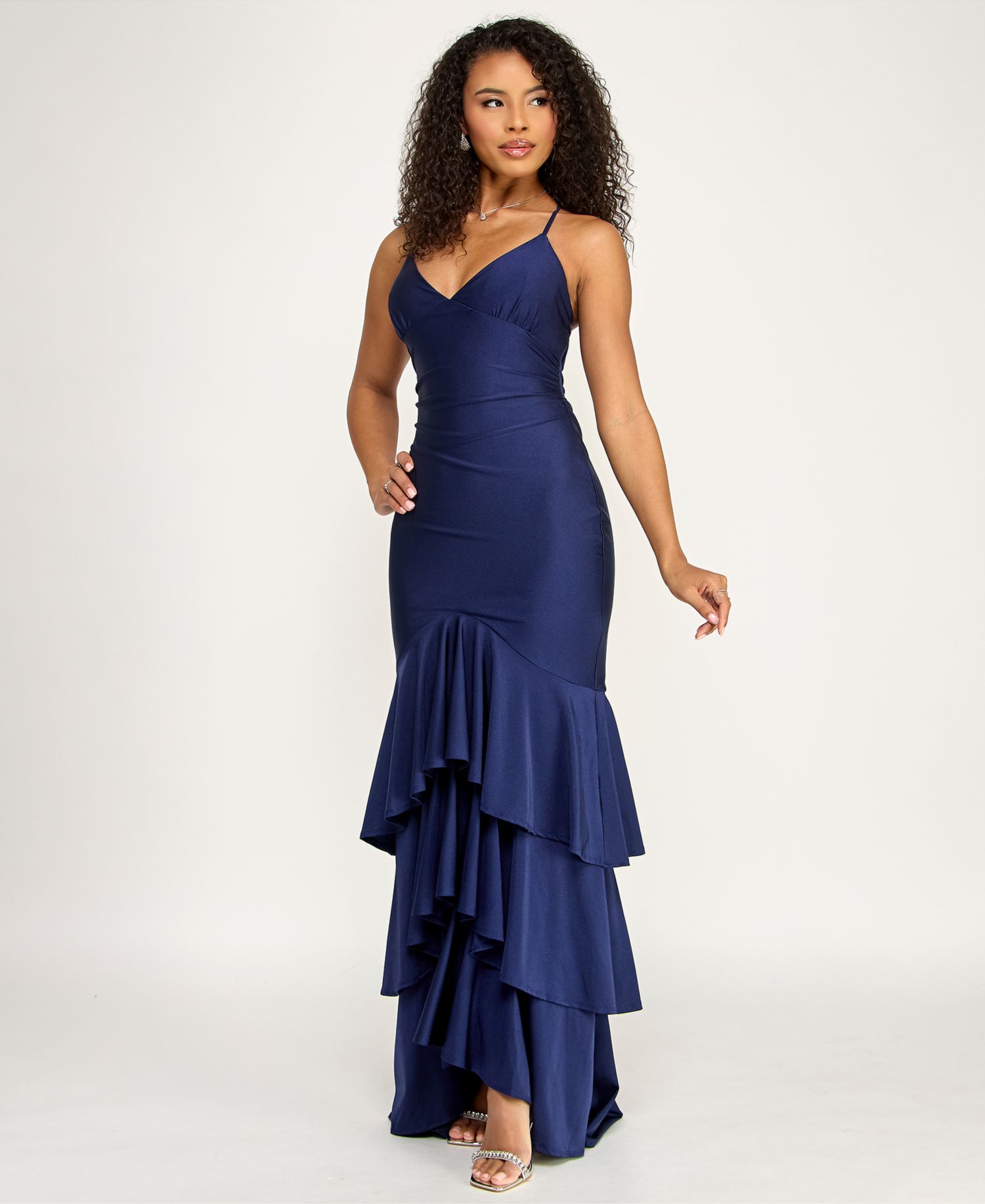Juniors' V-Neck Tiered Tie-Back Gown