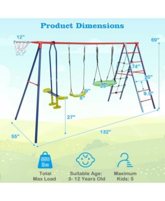 Swing Set for Backyard with 2 Height Adjustable Swings Glider Basketball Hoop