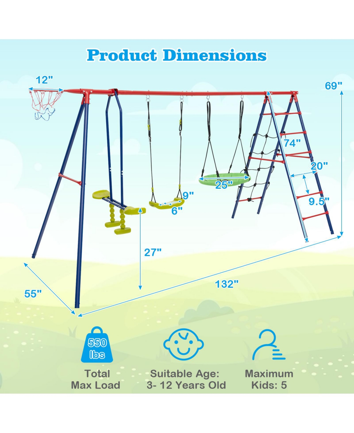 Costway Swing Set for Backyard with 2 Height Adjustable Swings Glider Basketball Hoop