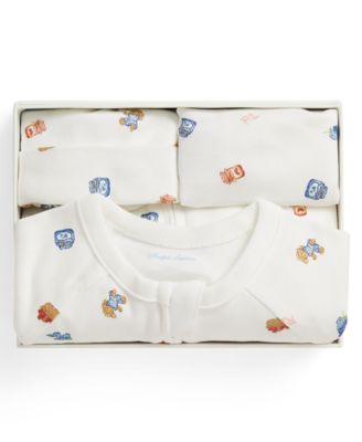 Baby Girls' Polo Bear Footed Coverall, Beanie Hat and Bib, 3-Piece Gift Set