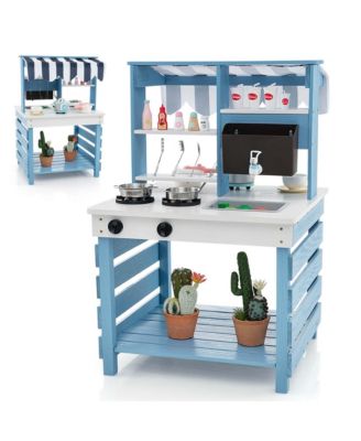 2-In-1 Wooden Mud Kitchen with Canopy Removable Sink Water Box Faucet Sound Effect