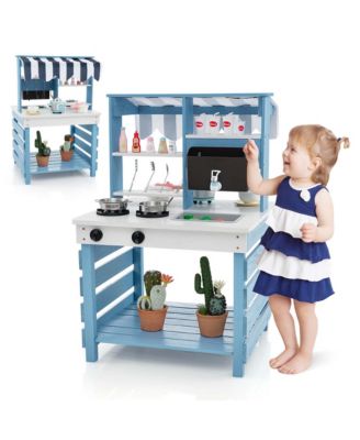 2-In-1 Wooden Mud Kitchen with Canopy Removable Sink Water Box Faucet Sound Effect