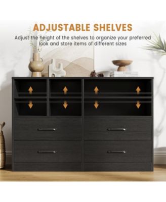 4-Drawer Black Bedroom Dresser, 6 Open Shelves, Modern TV Stand, Space-Saving Cabinet for Living Room