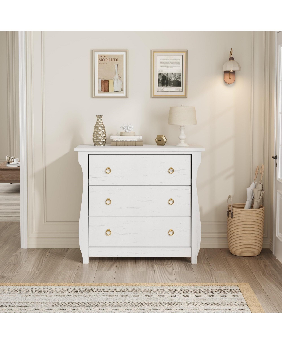 gaomon 3-Drawer Modern Wood Dresser Bedroom Chest with Golden Metal Ring Pull Handles, Storage Cabinet for Living Room, Entryway, Antique White