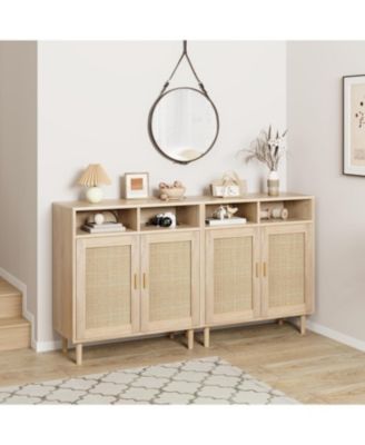 2 Sets Rattan Sideboard Cabinet with 2 Doors & Shelf, Modern Boho Farmhouse Buffet Storage, Coffee Bar, Natural