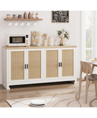 Modern Rattan Accent Storage Cabinet with 4 Doors & Shelf, Console Coffee Bar, Dining Room, Kitchen, Living Room, White