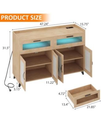 Farmhouse Storage Cabinet with Charging Station, LED Light, Rattan Buffet, Heavy Duty, Kitchen, Living Room