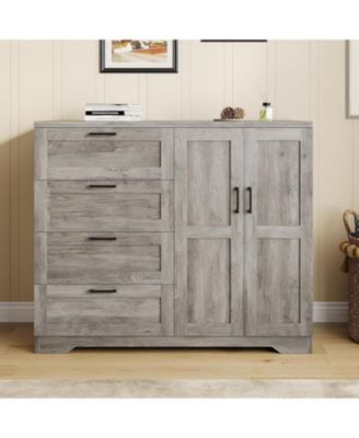 Modern Wooden Dresser for Bedroom, 43.3" 2-Door Wardrobe Armoire, 4 Drawers, Hanging Rod, Storage Cabinet