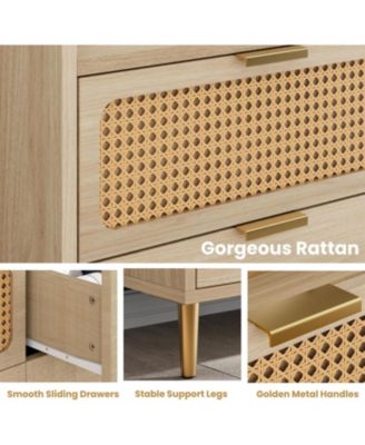 6-Drawer Double Dresser, 47" Wide, Modern Wood Chest, Rattan Storage for Bedroom