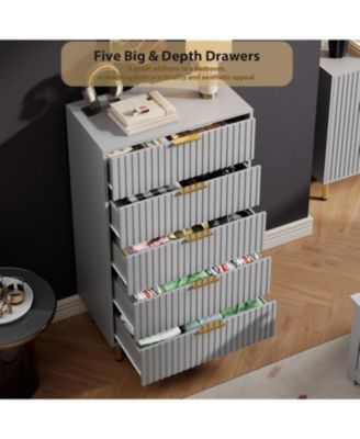 5-Drawer Modern Fluted Grey Dresser, Tall Chest with Deep Drawers, Wide Top, Wooden Storage Organizer for Living Room, Hallway, Kids Room