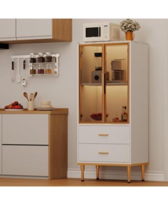 Fluted Storage Cabinet with Glass Door, 2 Drawers, Modern Pantry with Adjustable Shelves for Collectibles, Living Room, Office, White