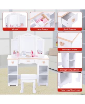 Kids 3 Drawer Wooden Dressing Table, Round Mirror with Lights, Stool, Modern Child Vanity Set