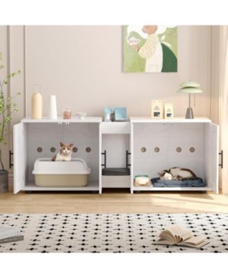Double Room Cat Litter Cabinet, Stylish Storage Litter Box Enclosure for Two Cats, Cat Mat, Organizer, White