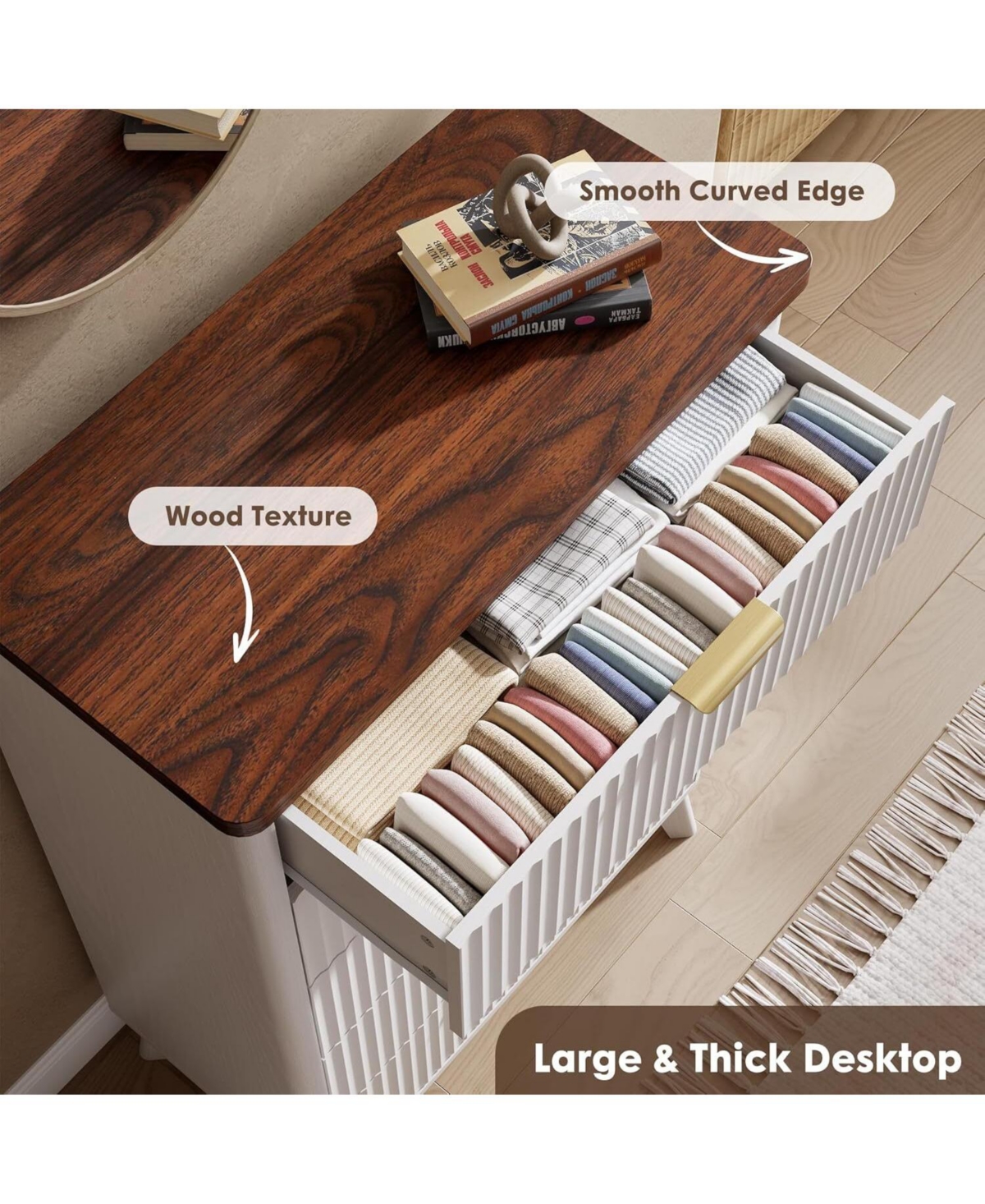 gaomon Fluted Dresser for Bedroom with 5 Deep Drawers, 47in Tall Chest of Drawers with Faux Marble Top, Curved Profile Design, White with Walnut Top