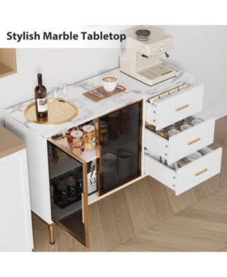 Fluted Sideboard Buffet Cabinet with Glass Doors, 3 Drawers, Marble Top, Kitchen & Dining Room, White