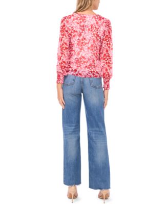 Women's V-Neck Button-Front Smocked-Shoulder Top