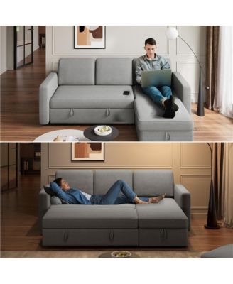 L-Shaped Reversible Sleeper Sectional Sofa with Chaise & USB & Type-C Ports Dark Gray