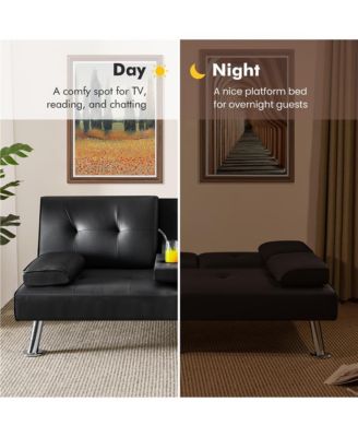 Faux Leather Convertible Futon Sofa Bed with 2 Throw Pillows & Drop-down Cup Holders Dark Brown